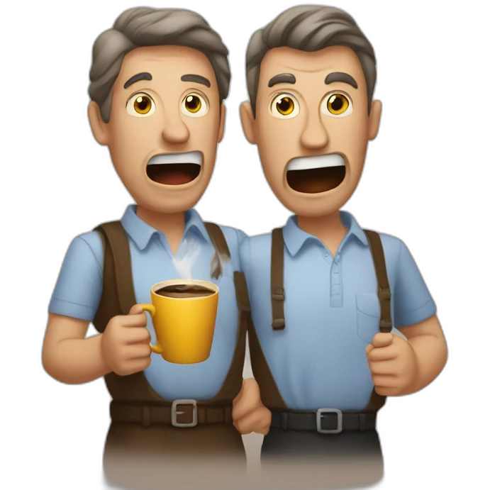 two raging men hold one steaming cup of coffee emoji