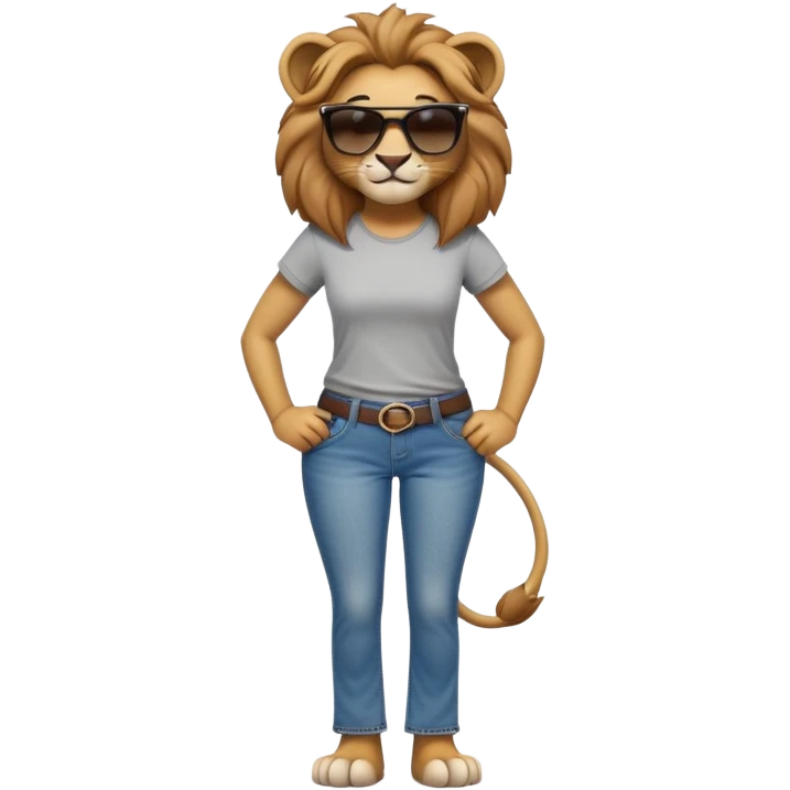 friendly anthropomorphised female lion character, full body, standing confidently with legs apart and hands on hips, wearing jeans, a t-shirt, and dark sunglasses, with a confident smile emoji