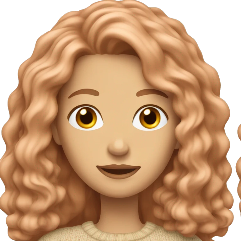 Caucasian Woman with long wavy copper hair wearing a beige sweater  emoji