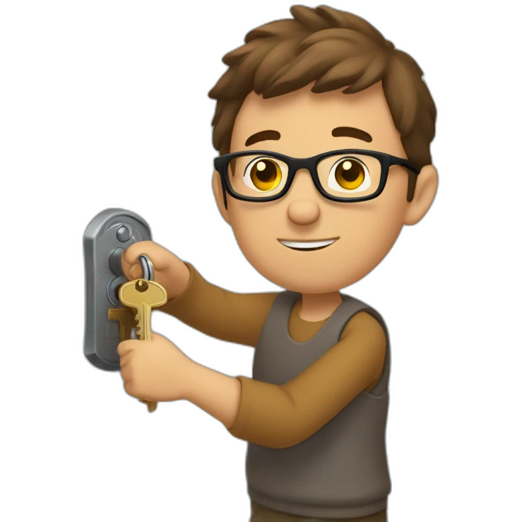 brown-short-haired man with glasses, struggling to fit a key into a door-lock emoji