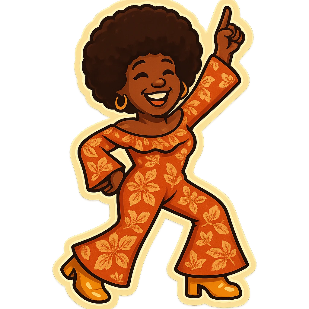 Create an emoji of a female African American in 1970s disco style with a different dancing pose, joyful expression, afro hairstyle, and a vibrant disco outfit with a similar pattern to the reference. emoji