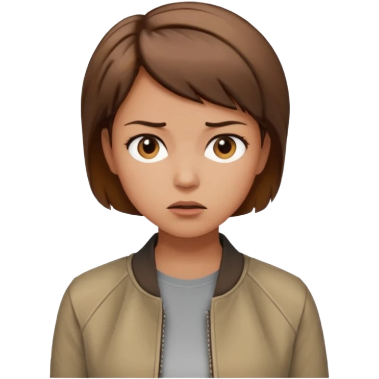 a woman with a brown short hair, looking at the left, frustrated, wearing a trendy jacket, only upper body, high quality emoji