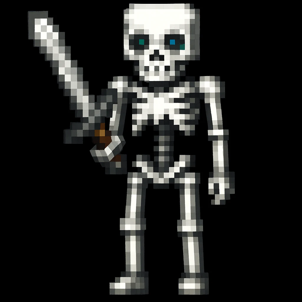 Make the Minecraft skeleton hold a sword in the pixel art style emoji