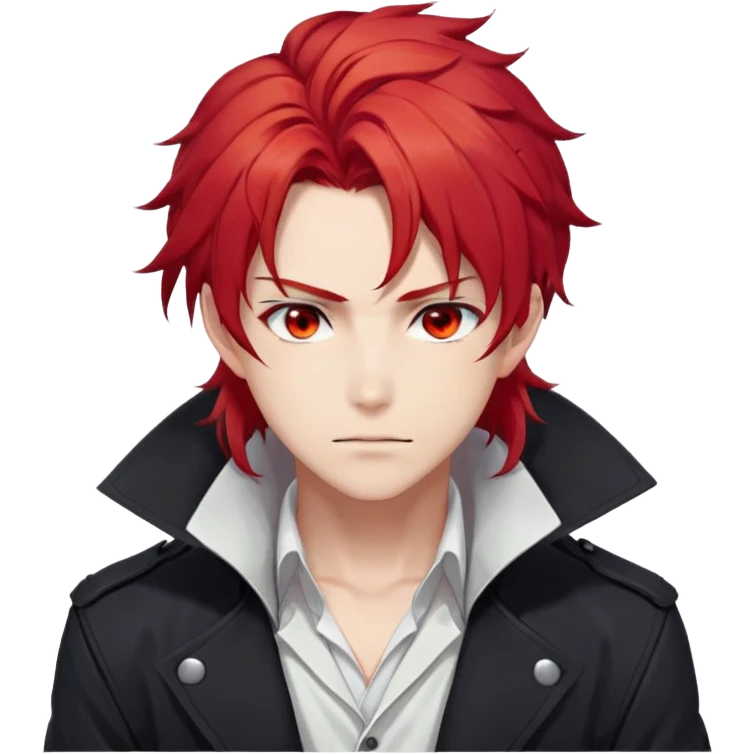Handsome gorgeous anime man with bright-red hair, thick long messy wavy ponytail, red eyes, white shirt, black jacket, stone face, Diluc from Genshin Impact emoji