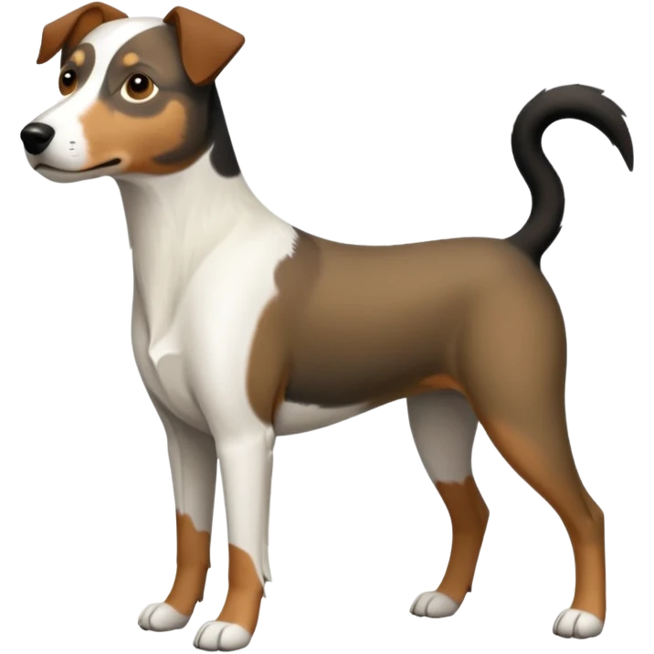 a full body large white parson russell looking dog the size of a kelpie with light brown flapped down ears and a light brown patch on one eye and a large snout emoji