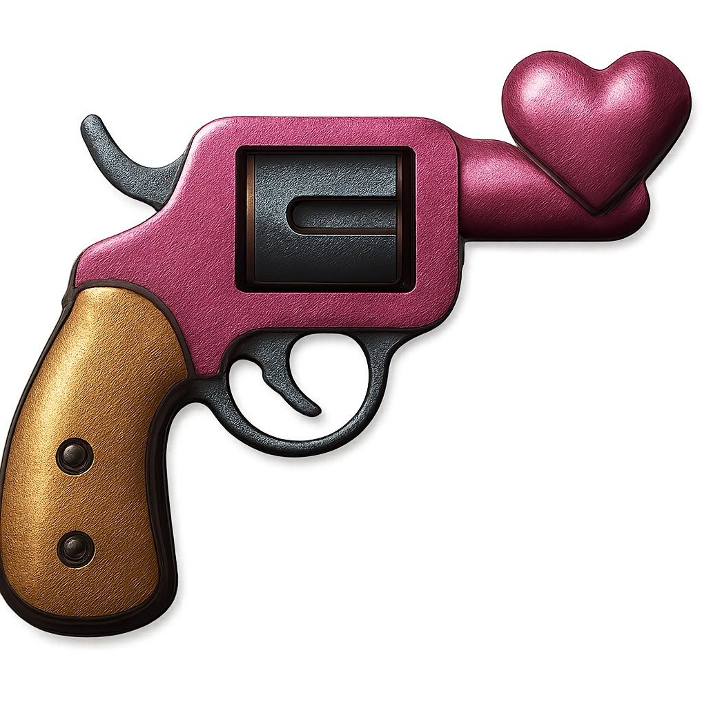 Make this pink heart-shaped pistol look more realistic with metallic textures and realistic lighting, keeping the background transparent. emoji