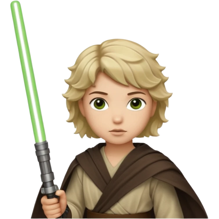 Young jedi with dark brown eyes and sandy blonde wavy short hair holding a green light saber.  emoji
