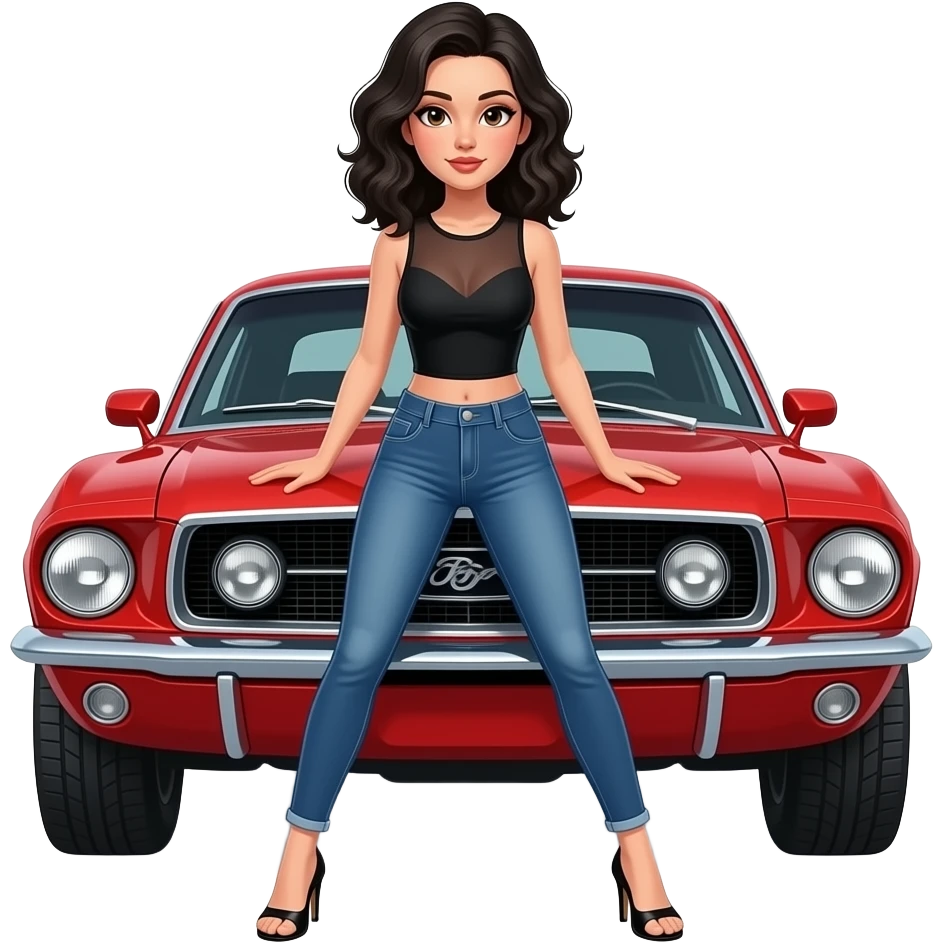 Pale girl with black wavy hair and brown eyes in front of a red ford mustang 1968 coupe. Girl wearing a sheer black sleeveless top, medium neckline, jeans and heels with visible toes. Legs wide spread and hands resting on the hood. emoji