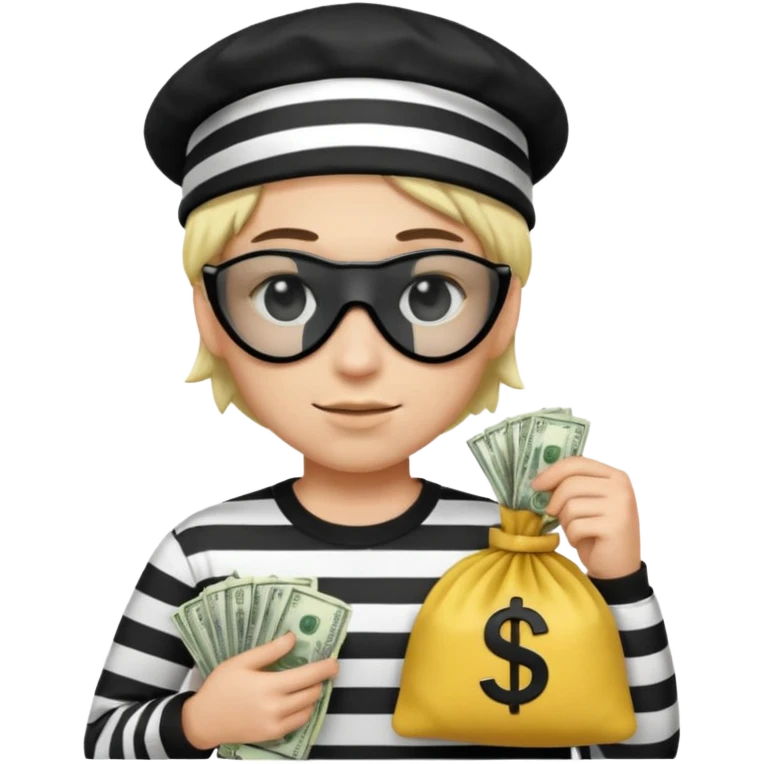 Realistic ios emoji-style portrait of a classic burglar, a black eye mask and a black-and-white striped shirt. emoji-like hair, black hat, a bag of money 💰 with a dollar sign in a right corner, mean expression  emoji
