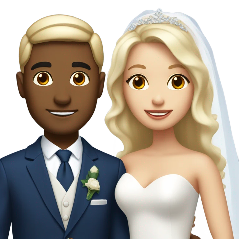 Puerto rican beard short hair with blue hat and navy blue suit getting Married with blond long hair girl with white  wedding dress  emoji