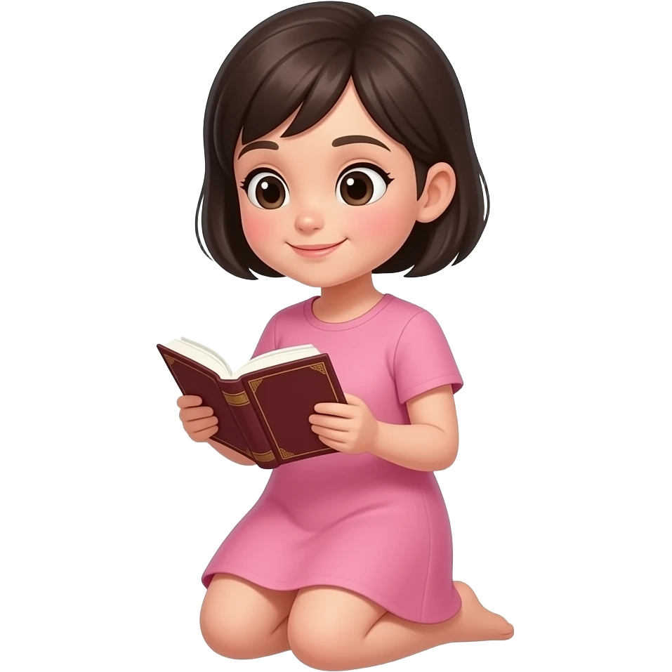 chica de cabello oscuro y corto, sin accesorios, con ropa color rosa, leyendo la biblia de rodillas emoji