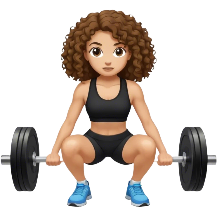 mulher branca com cabelo cacheado longo castanho com top e shorts preto fazendo agachamento com peso emoji