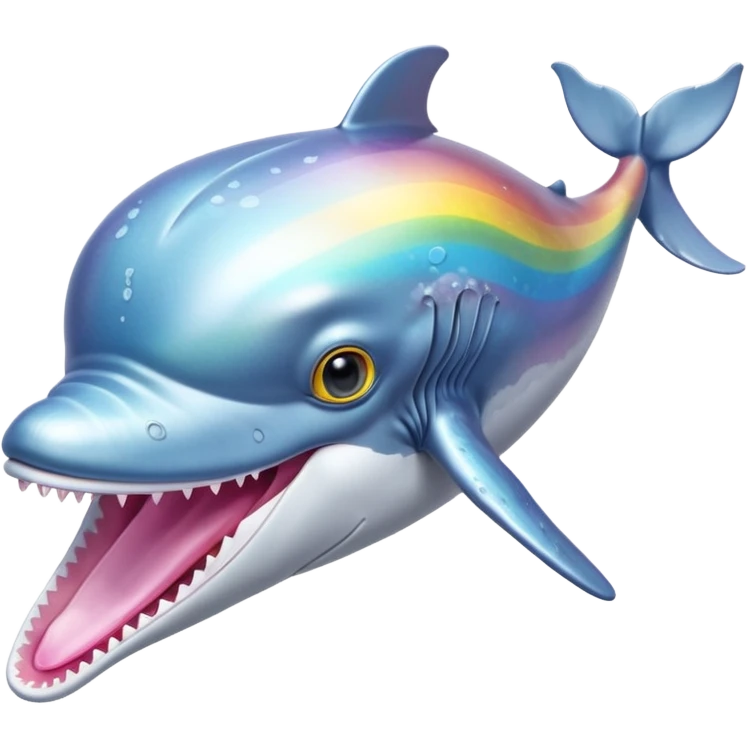 ice pastel baby blue, platinum grey and steel silver skin humpback whale with pink tongue and with tawny amber and yellow eyes with black pupils and barnacles and iridescent rainbow shine on its back emoji
