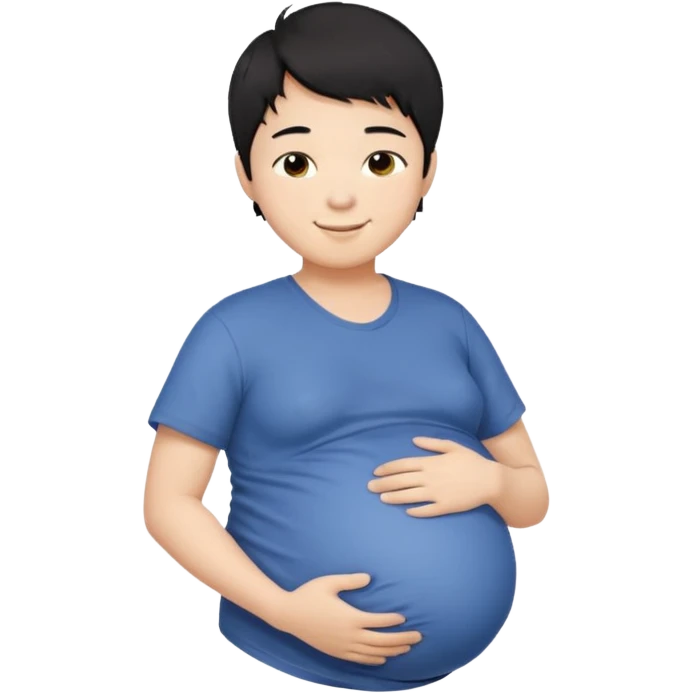 pregnant asian boy with short messy black hair holding his belly embracing his pregnancy emoji