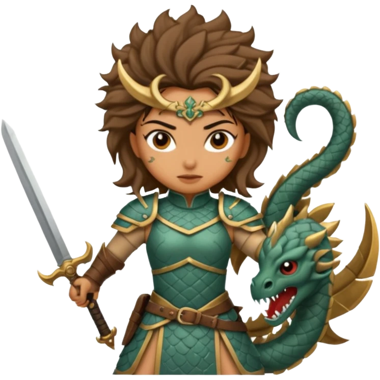 Fierce Latina in armor with a sword after a battle cutting off the head of a hydra emoji
