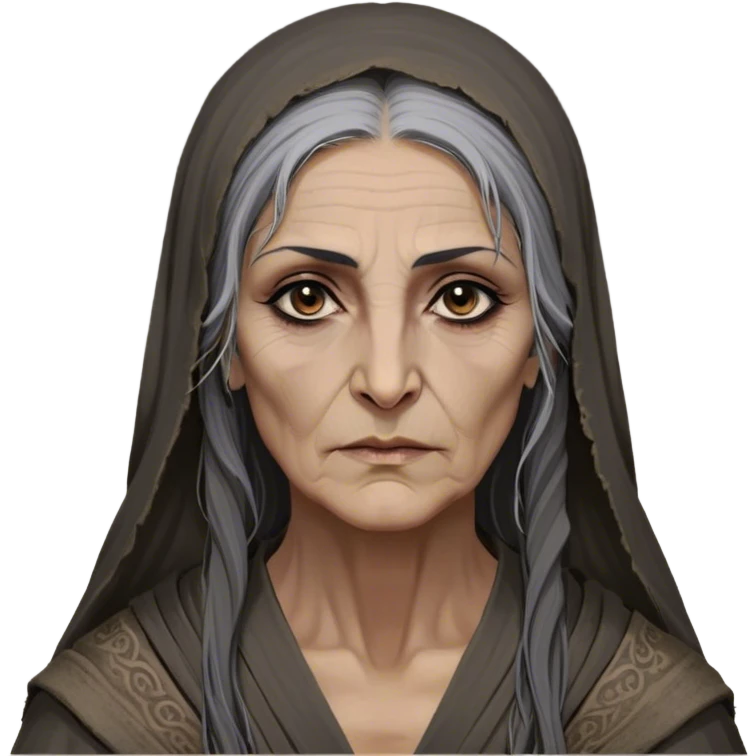 Mirri Maz Duur is a weathered, age 60 Lhazareen woman with deep-set dark eyes, high cheekbones, and a sharp nose, giving her a stern, knowing expression. Her long, unkempt dark hair streaked with gray falls loosely over her shoulders, and her earth-toned, tattered robes mark her as a humble healer. Despite her frail appearance, she exudes an aura of mystery and menace, her hands stained with herbs and blood from both healing and dark sorcery. emoji