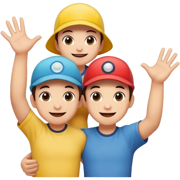 Three Pokémon characters working together as friends — bright, cheerful, and playful. They are helping each other: one is lifting another up, another is offering a hand, and they are all smiling. The style is colorful, cute, and cartoon-like, with a joyful background. emoji