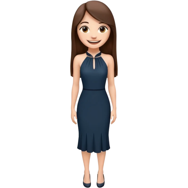 emoji-style illustration of a stylish pretty big smile woman with long straight brown hair, wearing a dark halter neck dress, elegant and minimalistic look, front-facing, soft 3D cartoon rendering, plain background emoji