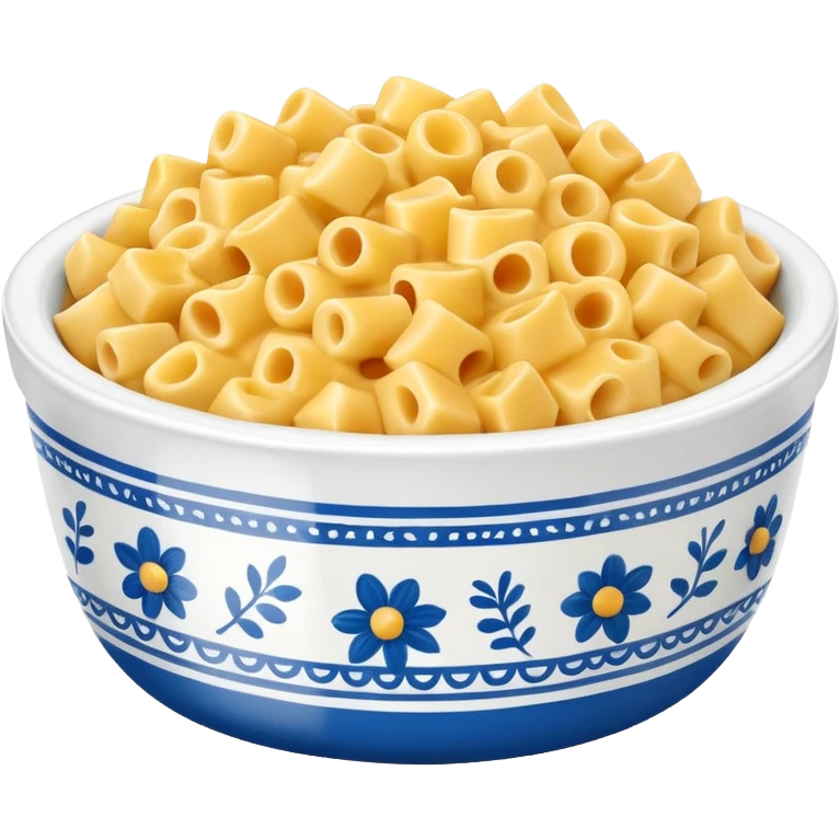 Blue and white floral bowl with Mac and cheese emoji