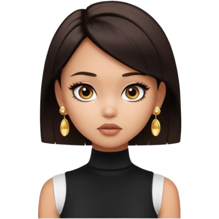 generate a pretty bratz girl in black cami top, dark brown straight short hair, eyeliner on. dark brown eyes. Wearing a white sleeveless turtleneck, gold stud earrings emoji