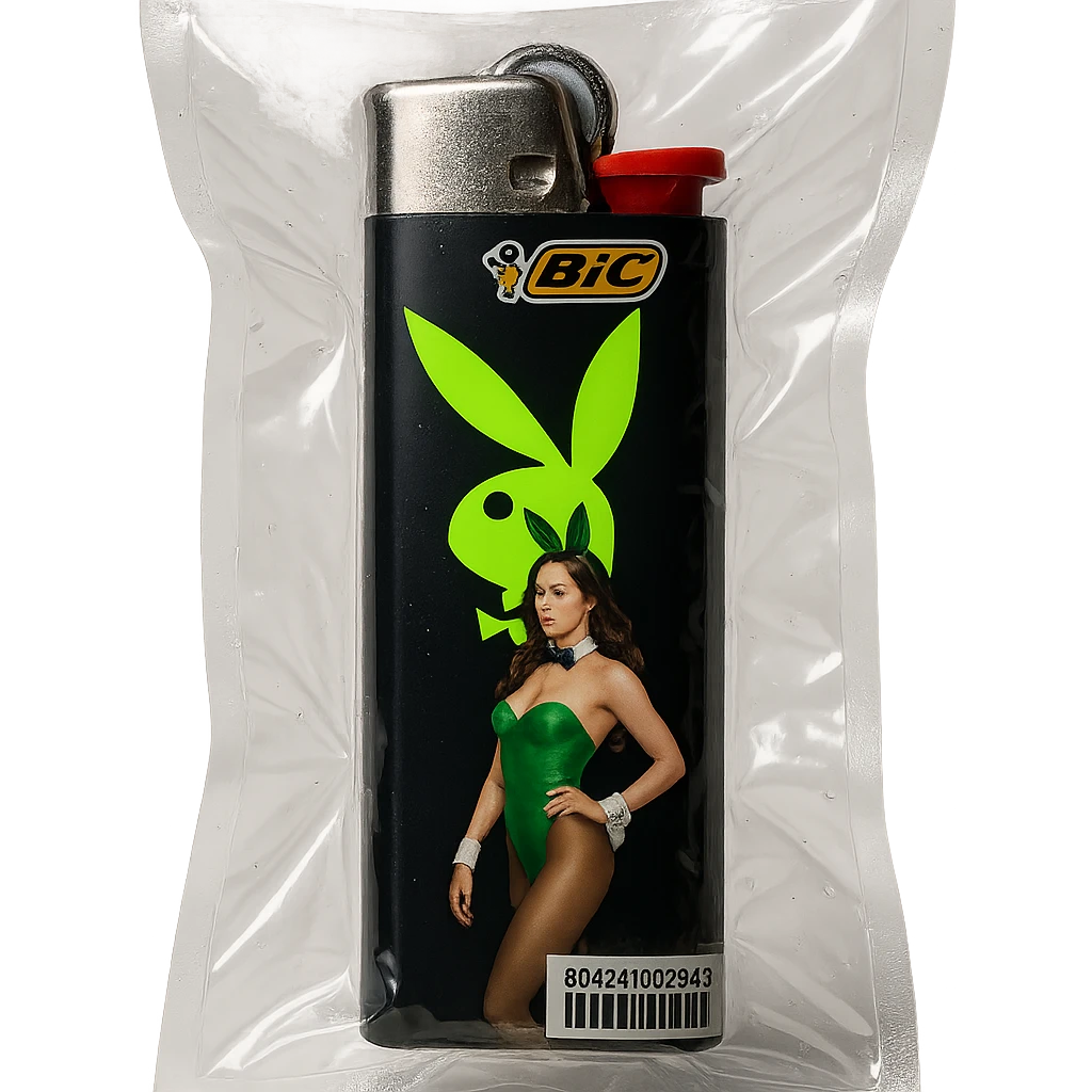 BIC lighter, glossy, with a neon Playboy Bunny logo and a model in a green bunny suit emoji