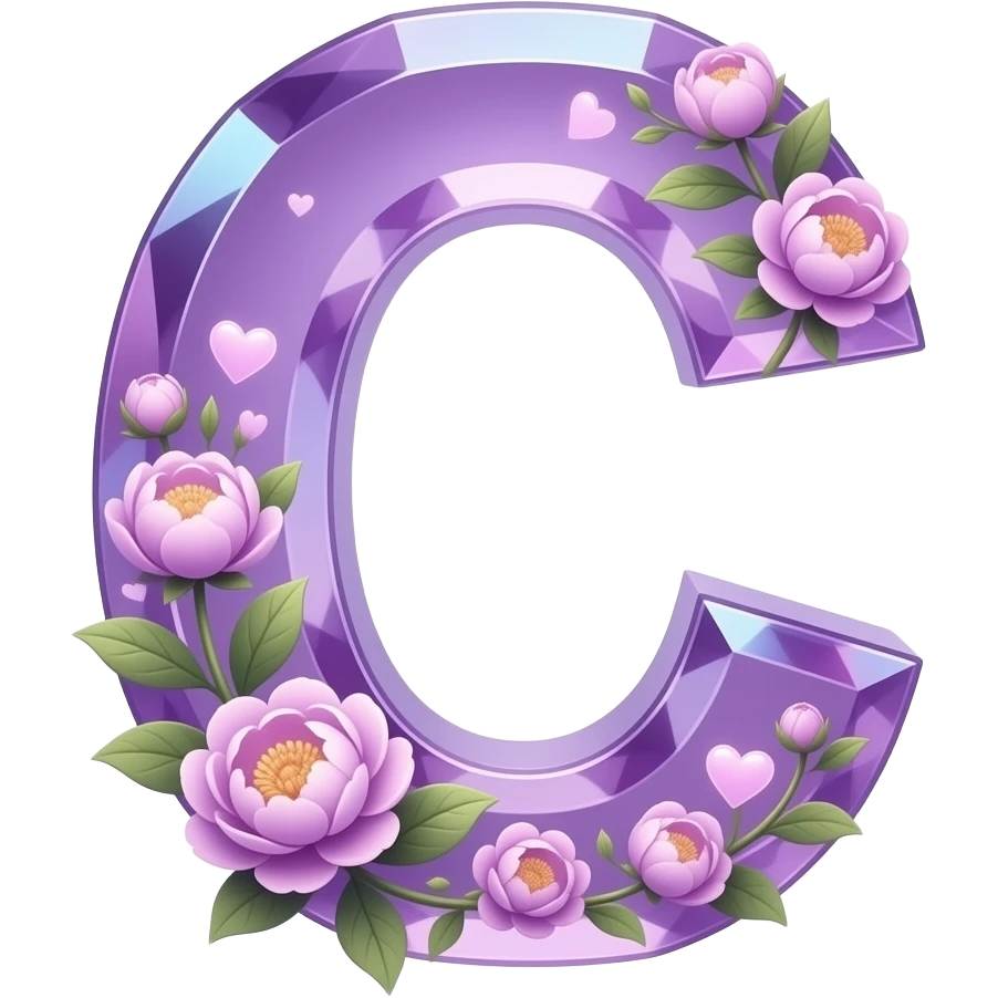 An uppercase letter 'C' sculpted from translucent crystal that glows with a soft violet light. Miniature glowing peonies and tiny heart-shaped leaves grow along its edges. Iridescent texture, fairycore aesthetic, macro photography style emoji