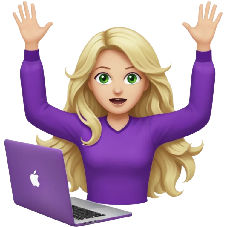 lady with long wavy blonde hair, purple top, green eyes, throwing her with a purple mac laptop hands in the air screaming, looking cross emoji