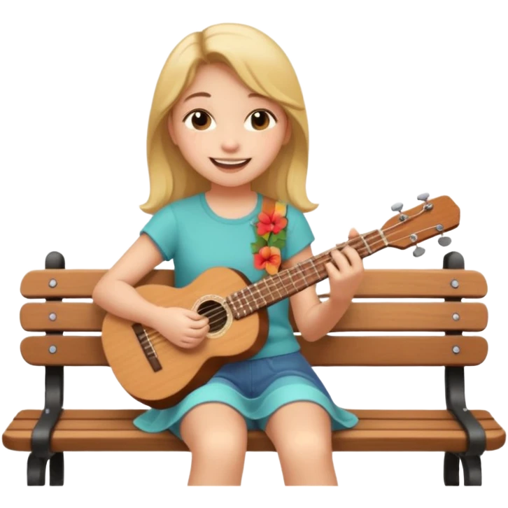 Teen girl – relaxed on park bench, strumming a ukulele, smiling.
 emoji