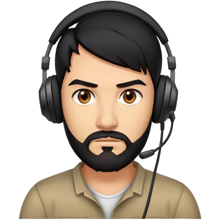 Serious gamer face with black hair, brown eyes, black beard, wearing gaming headset emoji