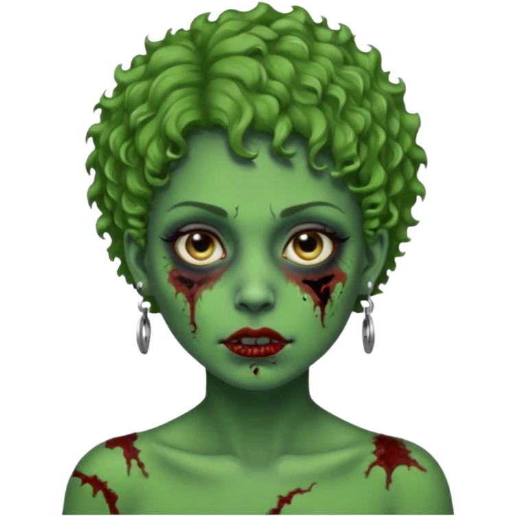 faça uma cabeça verde de zumbi femenina, com im cabelo curtinho cacheado, piercing no nariz, e brincos na orelha emoji