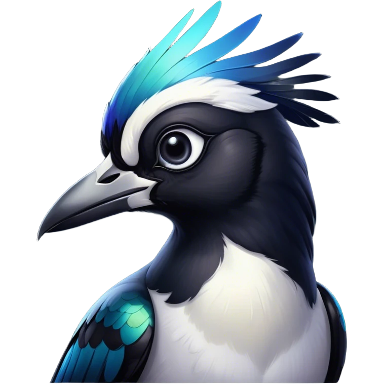 Cinematic Noble Magpie Portrait Emoji, Poised and sleek, with striking, iridescent black and white plumage, a sharp, inquisitive beak, and intense, observant eyes, Simplified yet sharp and sophisticated features, highly detailed, glowing with a soft, urban gleam, high shine, intelligent and graceful, stylized with an air of mischievous charm, focused and alert, soft glowing outline, capturing the essence of a watchful and confident magpie that appears ready to dart out of the screen with effortless authority! emoji
