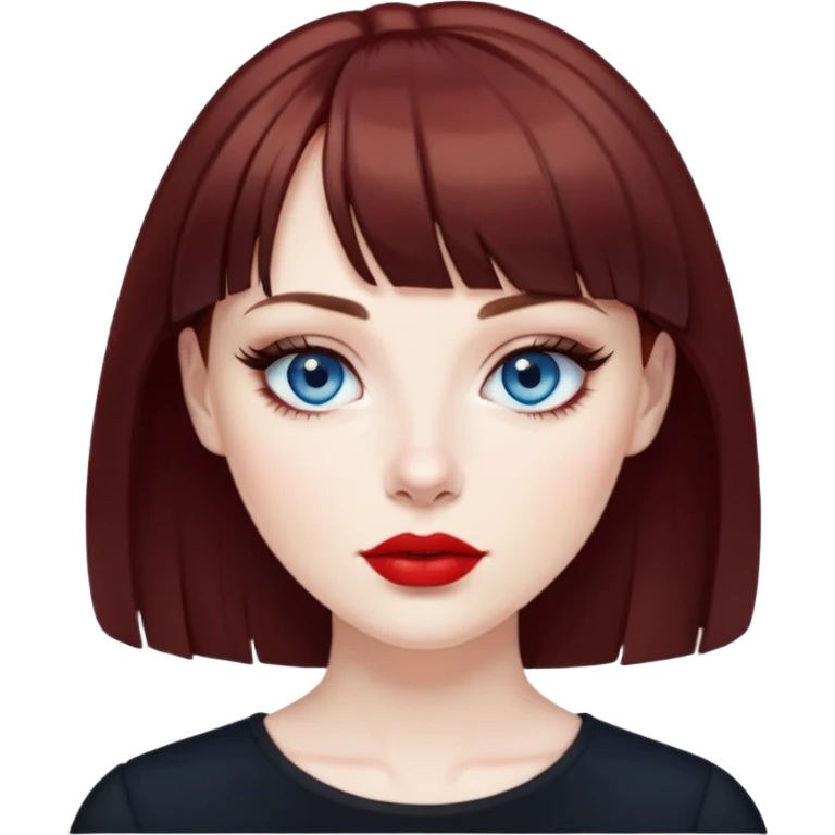 Woman in her early 50s with pale skin, wider face, blue eyes with eyeliner, thin eyebrows, red lipstick, dark auburn hair with bangs, wearing a black top emoji