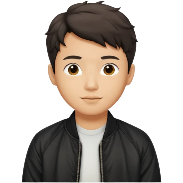 Asian guy wavy short hair, dressed cool in black bomber jacket, demure but with a smirk  emoji