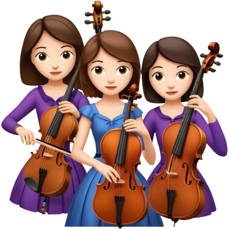 Create an imagine of three brunette women playing string instruments, the first is playing a cello, the second is playing a viola and the third is playing the violin emoji