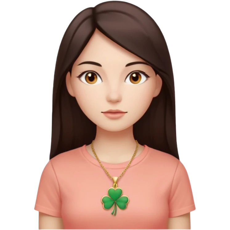 woman with long straight dark brown or black hair parted in the middle, smooth light complexion, almond-shaped eyes, full lips with pinkish coral tint, wearing white fitted tee and gold four-leaf clover necklace, calm neutral expression, soft neutral gaze at camera emoji