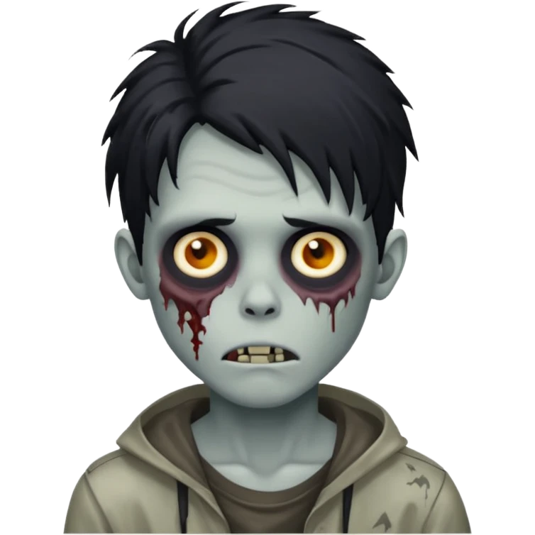 Zombie Boy with black long messy hair and teenager aparience, black background emoji