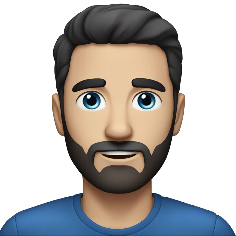 White man with black hair, short beard, rounded face, blue eyes, thick and slightly pointy eyebrows, short hair. emoji
