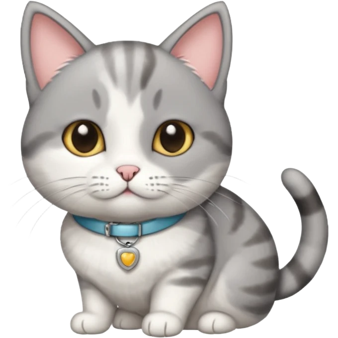 grey and white cat with name tag that says bean emoji