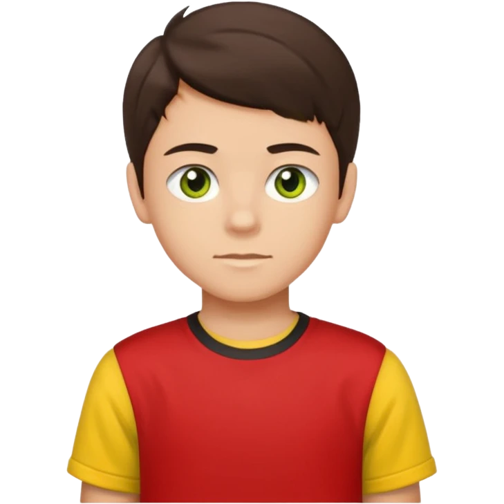A portrait of a 14-year-old boy, he's got dark-brown hair, luight brownish skin and green hazel eyes. he's wearing a red t-sirt with yellow sleeves. emoji