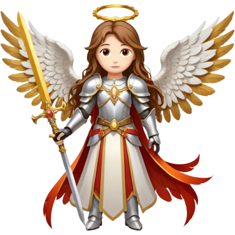  The angel has long brown hair surrounded by a golden halo and large white-and-orange feathered wings, wearing ornate silver armor with gold accents and a red sash. In its right hand it grips a white sword upright, while its left hand rests near the hilt of another weapon at its sid  emoji