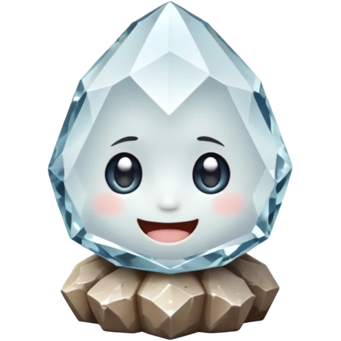 A single cute crystal rock character inspired by a clear quartz cluster, chunky round base with many tall transparent crystal spikes growing upward all around it, faceted and slightly imperfect, on the front of the base a big kawaii face with large glossy eyes and a wide happy smile emoji