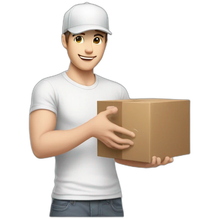 Pale skinned fit Man with dark brown hair in a white cap, gray jeans and gray polo T-shirt keeping a pasted box into his hands emoji