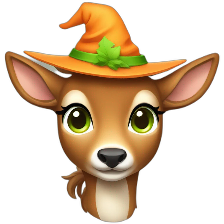 female deer in orange witch hat with green eyes and brown hair emoji