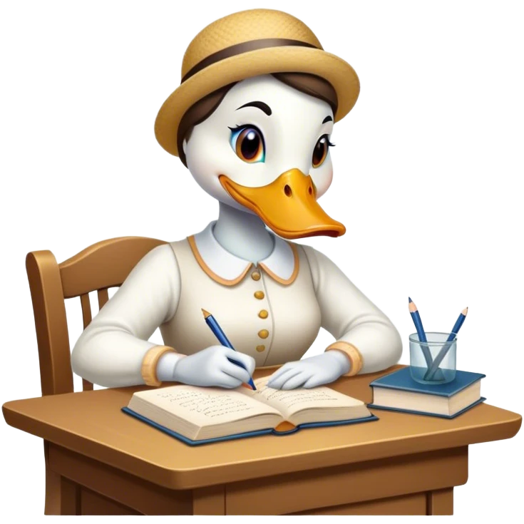 a female duck at a table writing a book emoji