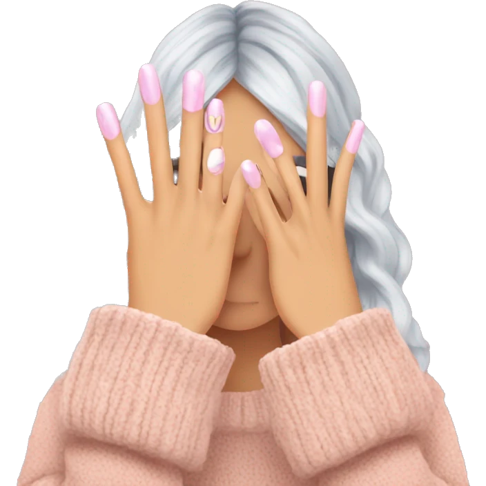 a hand with oversized sweater showing cute charmed french tiped nails emoji