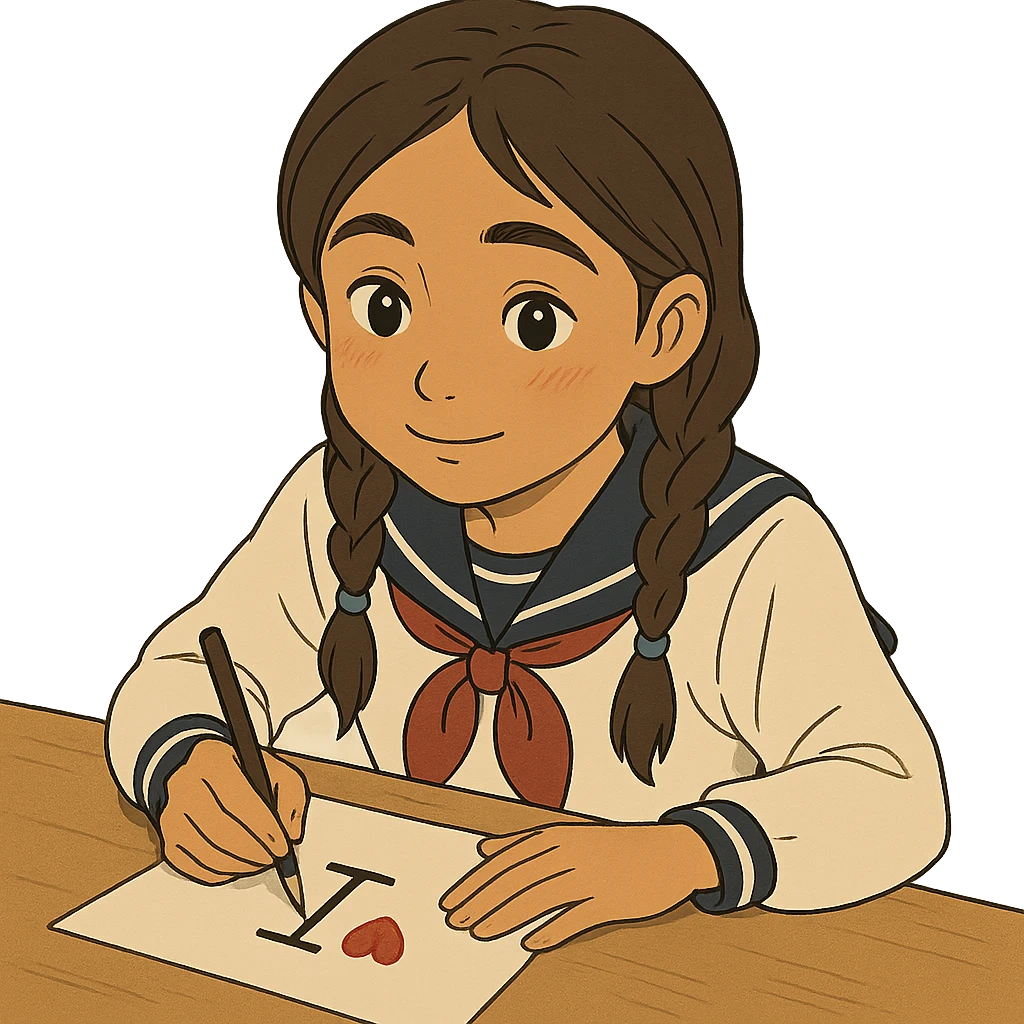 Kazakh girl in Korean school uniform, drawing a T with a heart on paper in ghibli style emoji