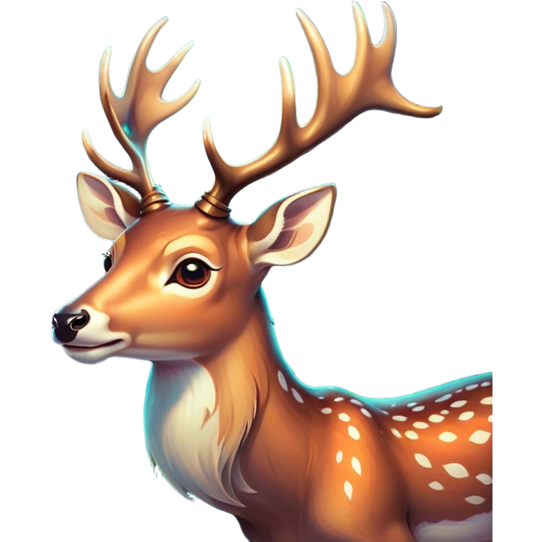 Cinematic Comical Deer Portrait Emoji, Head tilted dramatically with an exaggeratedly amused expression, featuring a sleek dappled coat and whimsically contorted antlers, wide, expressive eyes filled with playful disbelief, Simplified yet hilariously expressive features, highly detailed, glowing with a slightly sassy glow, high shine, dramatic yet playful, stylized with an air of cheeky woodland mischief, bright and endearing, soft glowing outline, capturing the essence of a spirited and over-the-top deer, so meme-worthy it feels like it could side-eye its way into forest folklore instantly! emoji