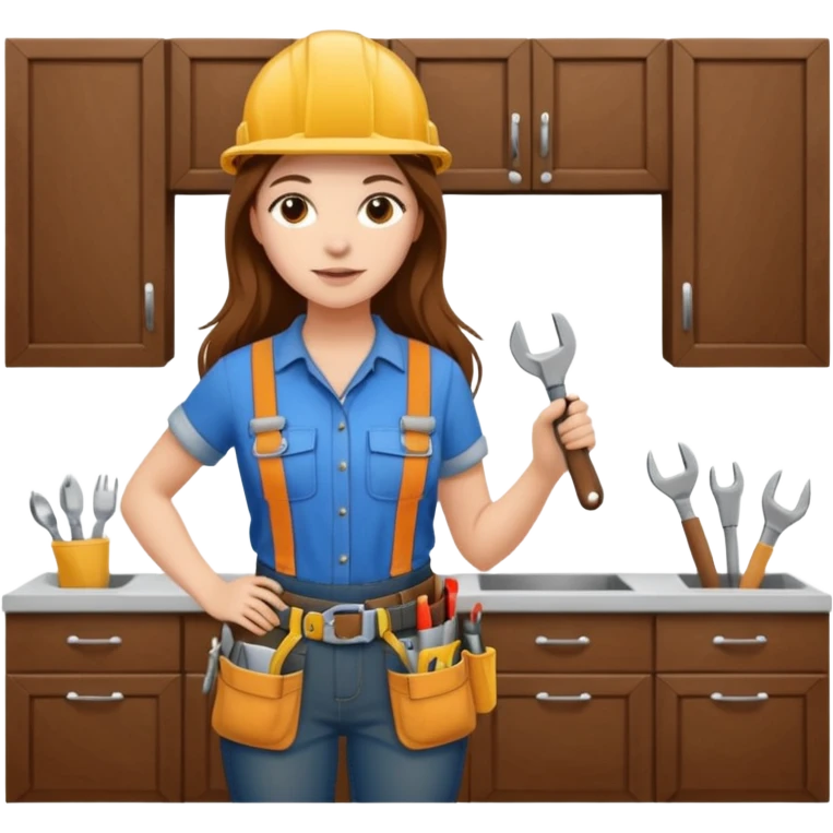 beautiful girl with long brown hair constructing new kitchen cabinets emoji