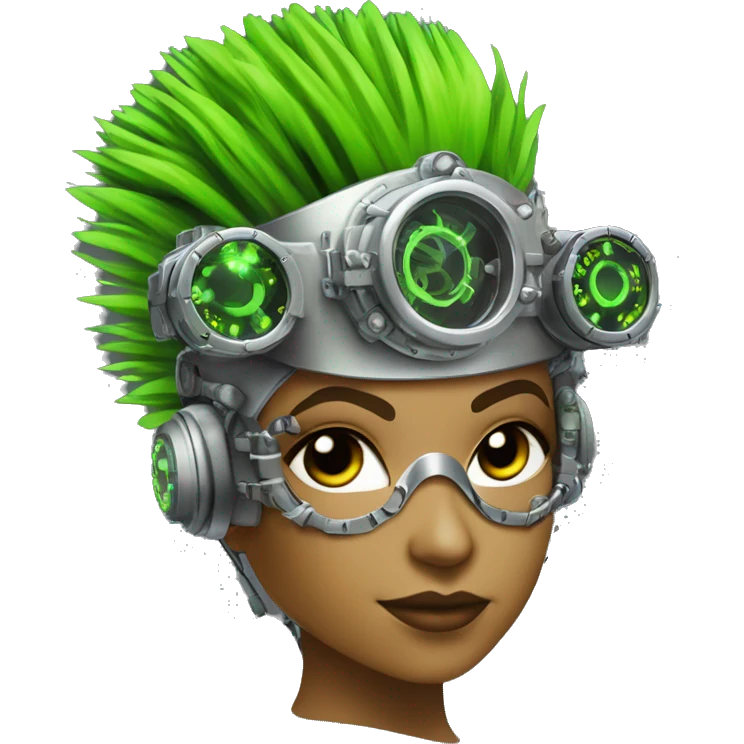Neon green Mohawk hair Latina female cyborg head with silver steampunk goggles and circuits emoji