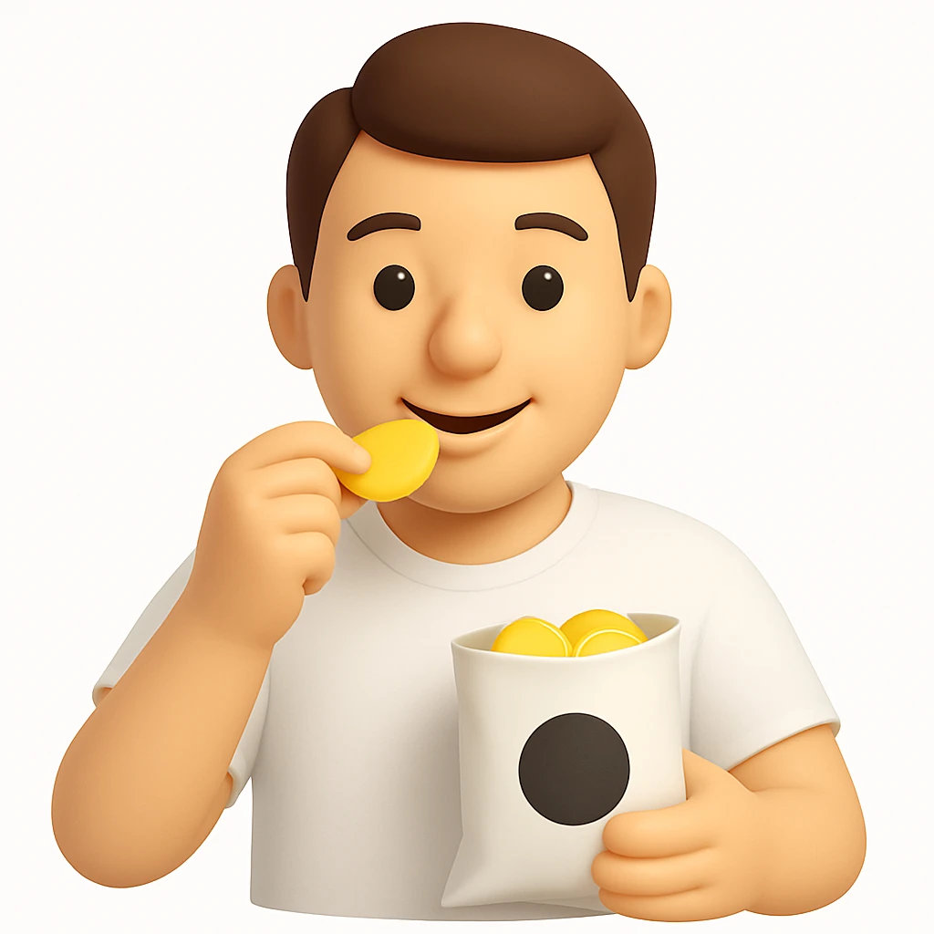 man eating chips, more white, smiling a little, 3d-emoji emoji